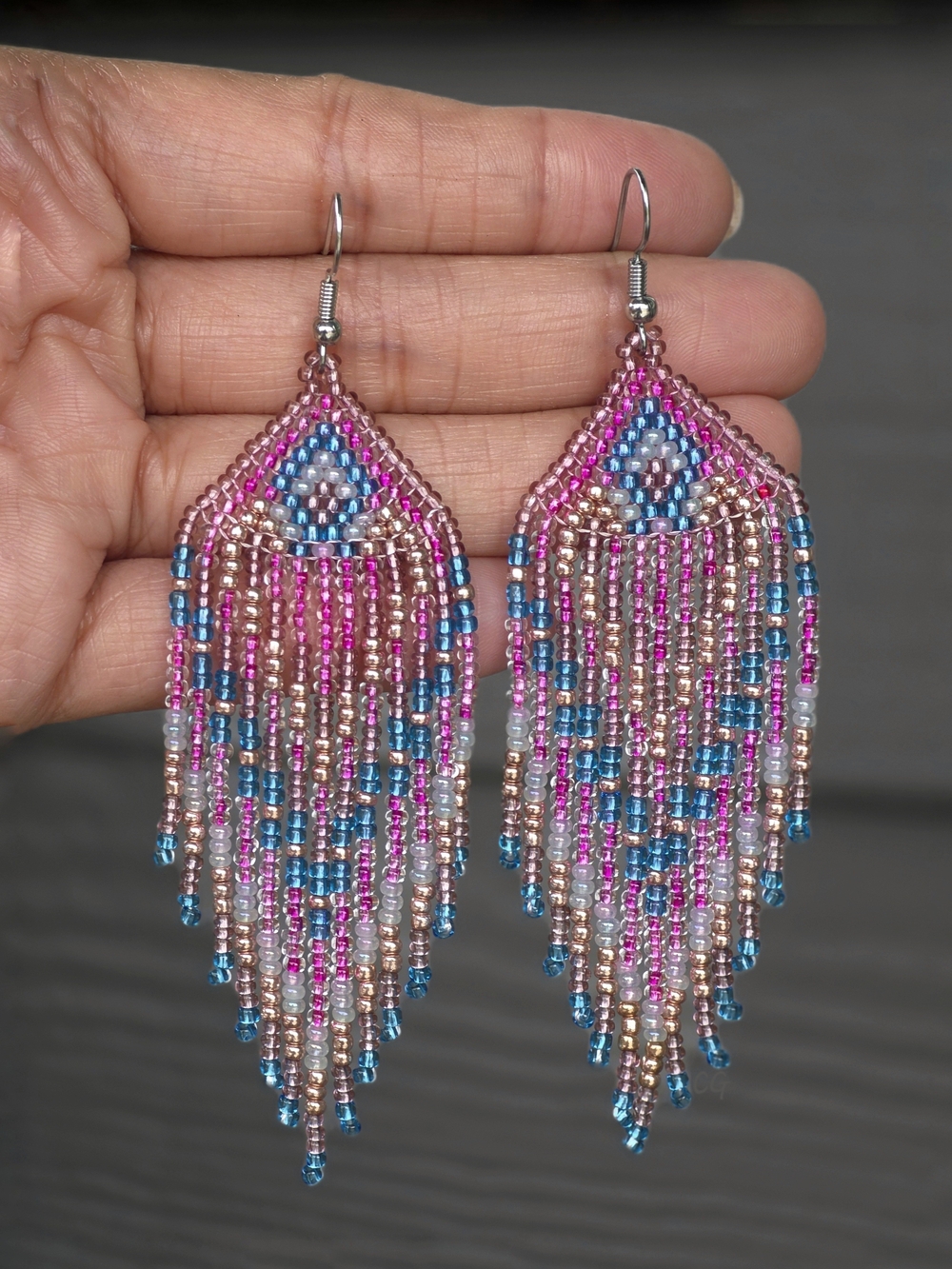 Yaz Geo Beaded Fringe Earrings Handmade Southwestern - Pink Blue